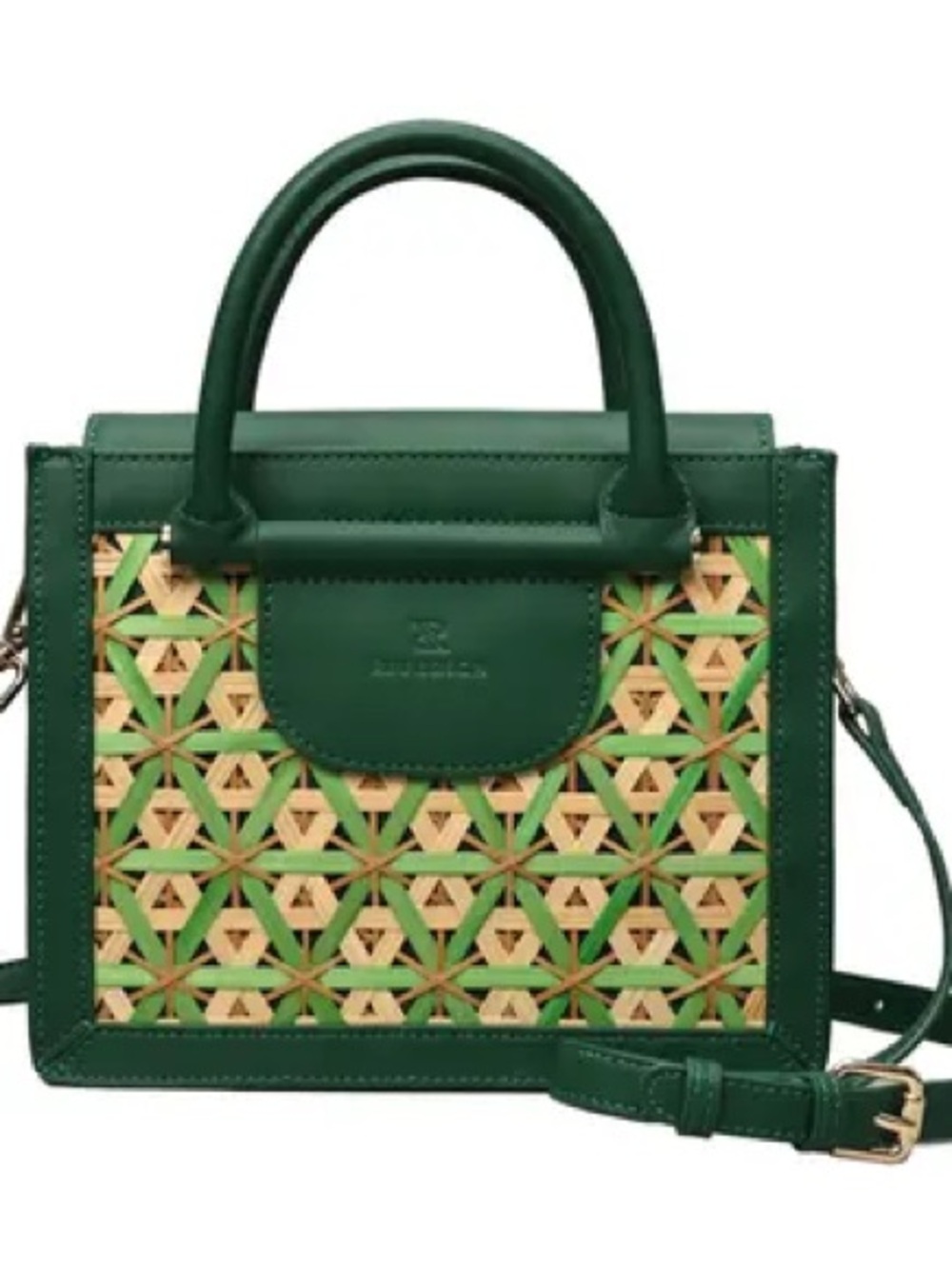 2. NEW Green Woven Panel Top-Handle Satchel with Strap